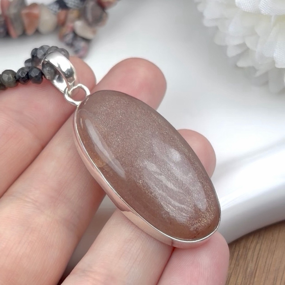 Peach Moonstone Pendant Moonstone Necklace Pure Sterling Silver 925 Set Lot - Picture 3 of 11